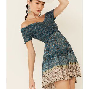 ANGIE WOMEN'S SMOCKED BORDER PRINT MINI DRESS SMALL